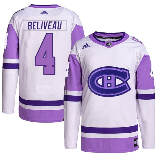 Jean Beliveau Montreal Canadiens Youth Authentic Hockey Fights Cancer Primegreen Adidas Jersey - White/Purple