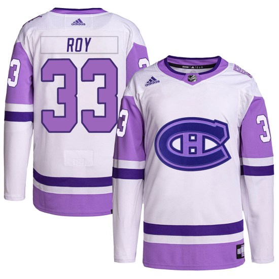 Patrick Roy Montreal Canadiens Youth Authentic Hockey Fights Cancer Primegreen Adidas Jersey - White/Purple