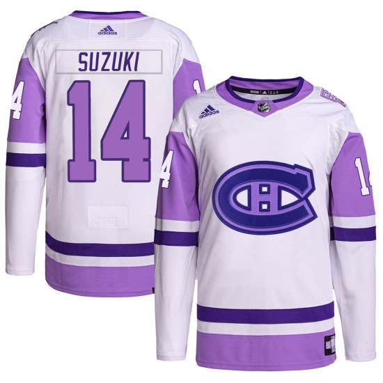Nick Suzuki Montreal Canadiens Youth Authentic Hockey Fights Cancer Primegreen Adidas Jersey - White/Purple