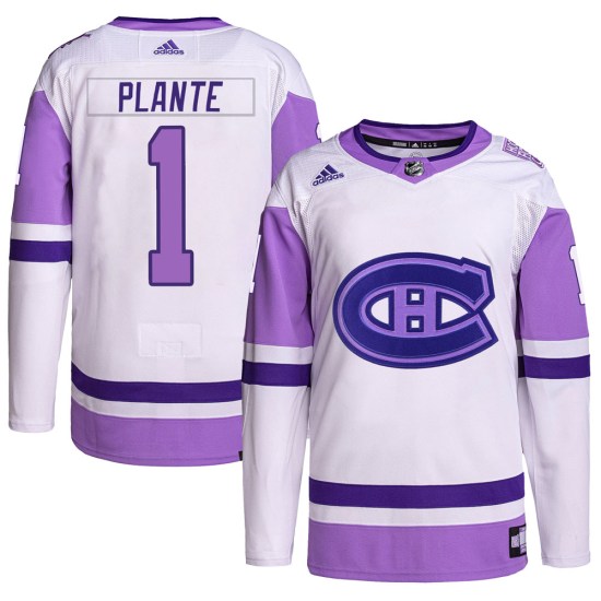 Jacques Plante Montreal Canadiens Authentic Hockey Fights Cancer Primegreen Adidas Jersey - White/Purple